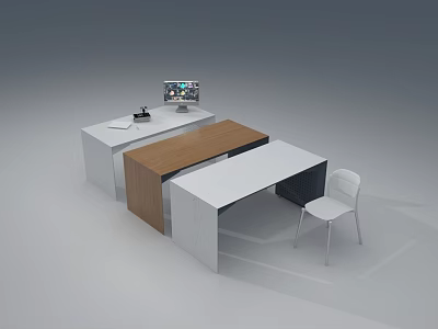 Modern Office Desk With Wooden And White Top Computer Monitor And White Chair Setup 3d model