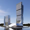 Modern Office Building With Two Tall Towers Unique Curved Roof Sunset Sky And Water Reflection