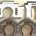 Traditional Chinese Scenic Wall With Arched Openings Symmetrical Design And Decorative Carvings