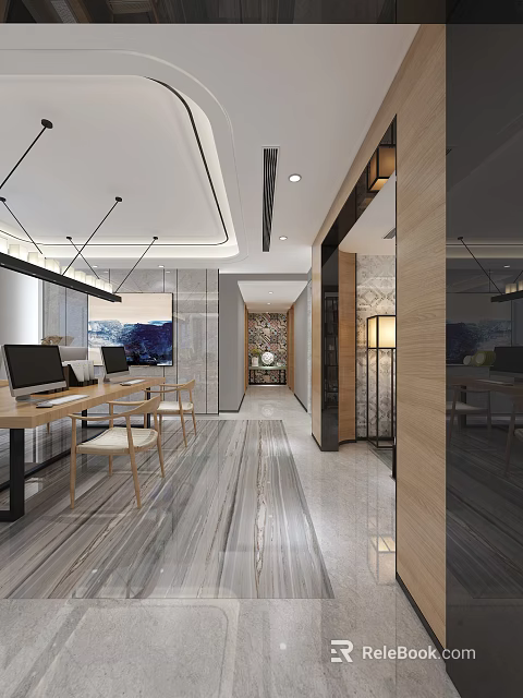 Modern Office Hallway Interior Design With Bright Lighting Wooden Desks And Decorative Paintings 3d model 