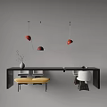 Modern Black Dining Table Set With Yellow Bench And Red Pendant Lights 3d model
