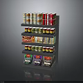 Organized Food Shelf Display With Canned Goods Bottled Condiments And Boxed Foods