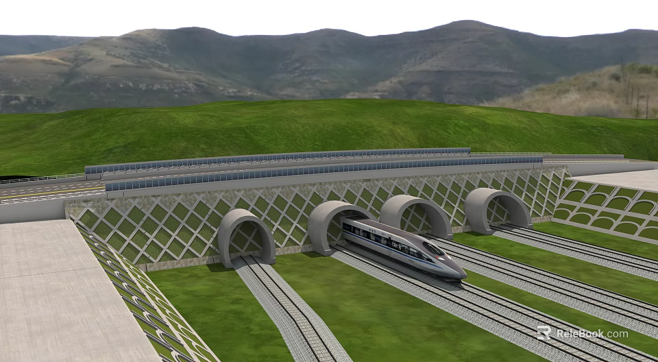 High Speed Train Emerging From Arched Tunnel On Railway Tracks With Green Vegetation And Mountains 3d model 