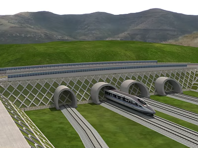 High Speed Train Emerging From Arched Tunnel On Railway Tracks With Green Vegetation And Mountains 3d model