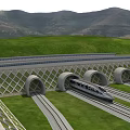 High Speed Train Emerging From Arched Tunnel On Railway Tracks With Green Vegetation And Mountains