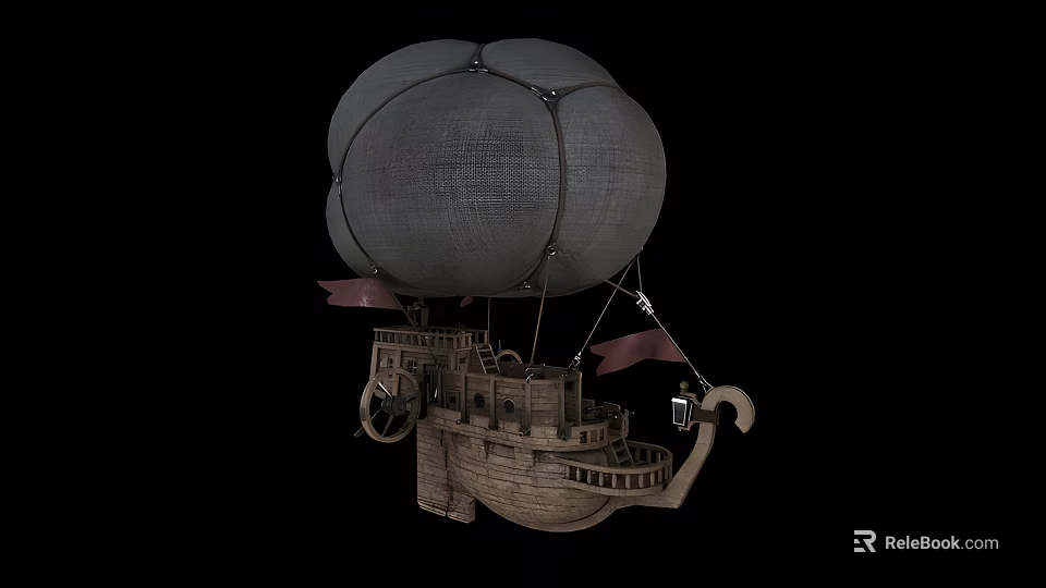 Vintage Flying Yacht Featuring Gray Airbag Wooden Structure And Red Decorative Elements 3d model 