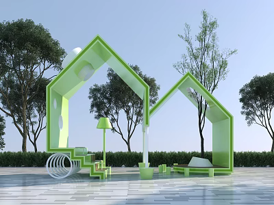 Green House Shaped Landscape Seats in Outdoor Modern Design with Trees Side Table and Lamp 3d model