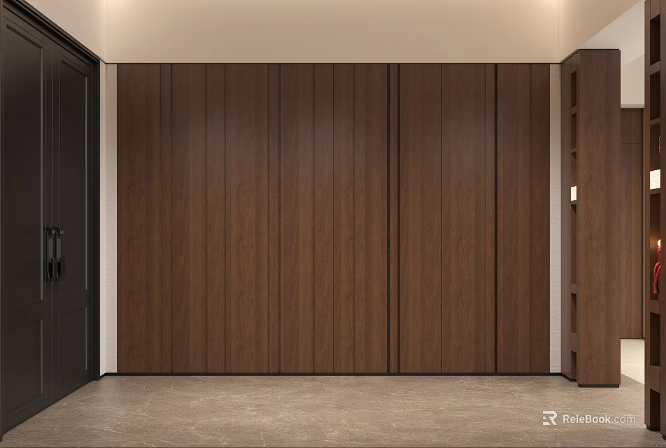 Modern Foyer Hallway With Wooden Panel Walls Dark Door And Beige Floor 3d model 