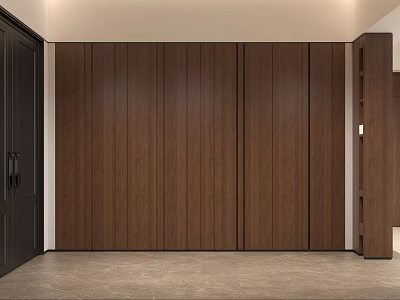 Modern Foyer Hallway With Wooden Panel Walls Dark Door And Beige Floor 3d model
