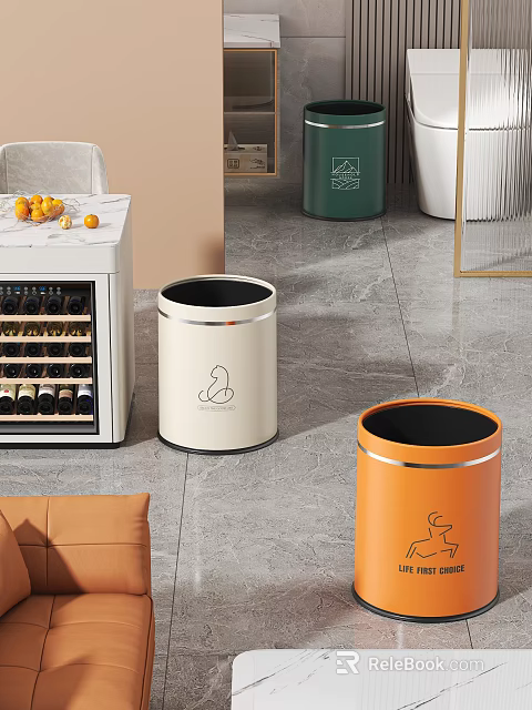 Stylish Modern Kitchen Tableware Set Featuring White Orange Trash Bins Wine Cooler and Gray Floor 3d model 
