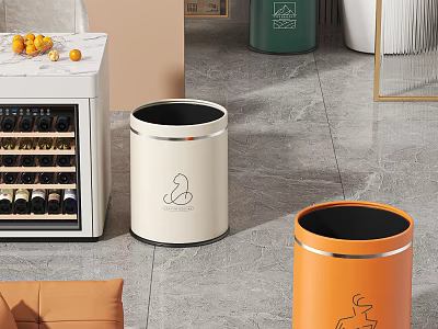 Stylish Modern Kitchen Tableware Set Featuring White Orange Trash Bins Wine Cooler and Gray Floor 3d model