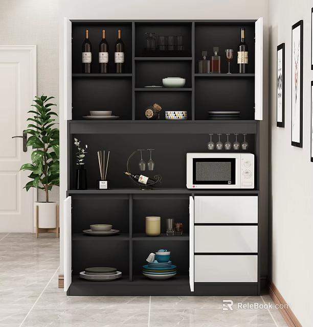 Modern Home Sideboard With Shelves Dishes Wine Glasses Microwave Oven And Drawers 3d model 