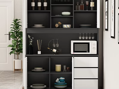 Modern Home Sideboard With Shelves Dishes Wine Glasses Microwave Oven And Drawers 3d model