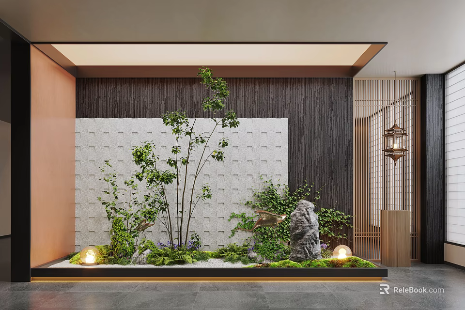 Tranquil Indoor Landscape With Green Plants Stone Moss Textured Wall And Warm Lighting 3d model 