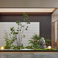 Tranquil Indoor Landscape With Green Plants Stone Moss Textured Wall And Warm Lighting