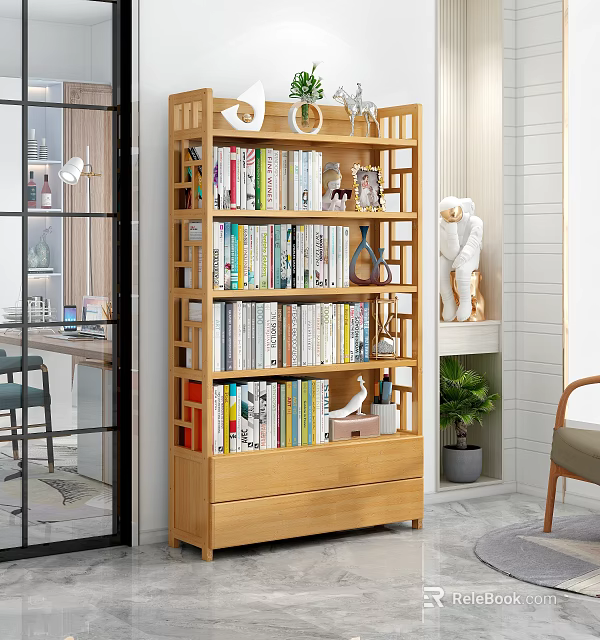 Stylish Home Interior With Wooden Bookshelf Books And Decorative Ornament Combination 3d model 