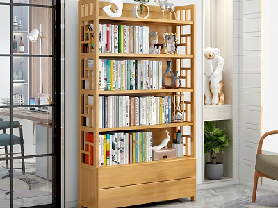 Stylish Home Interior With Wooden Bookshelf Books And Decorative Ornament Combination 3d model