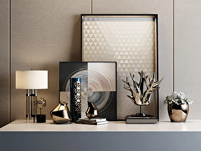 Modern Decorative Ornament Set With Table Lamp Painting Metal Sculpture Vase And Books 3d model