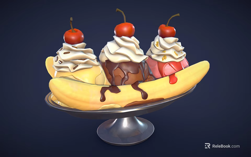 Banana Split With Vanilla Chocolate Strawberry Ice Cream Whipped Cream And Cherries On Silver Plate 3d model 