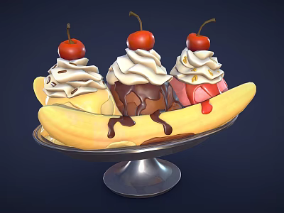 Banana Split With Vanilla Chocolate Strawberry Ice Cream Whipped Cream And Cherries On Silver Plate 3d model