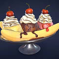 Banana Split With Vanilla Chocolate Strawberry Ice Cream Whipped Cream And Cherries On Silver Plate