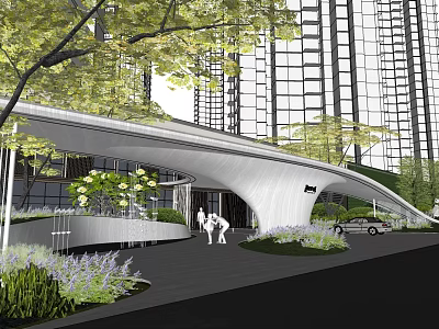 Modern Sales Office Building With Curved Roof Greenery And Surrounding High Rise Buildings 3d model