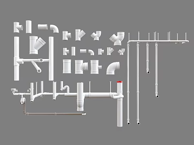 Various Plumbing Pipes With Fittings Elbows Tees Straight Tubes And Mounting Brackets 3d model