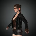 Woman Wearing Black Leather Jacket Brown Vest Black Shorts And Brown Boots With Arms Outstretched