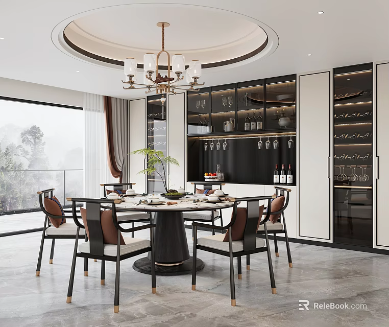 Modern Restaurant Interior With Round Dining Table Chandelier And Wine Cabinet Scenic View 3d model 