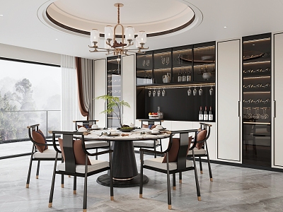 New Chinese Restaurant Dining Table and Chair Combination Round Table Chair Chandelier Wine Cabinet Ornaments model