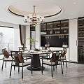 Modern Restaurant Interior With Round Dining Table Chandelier And Wine Cabinet Scenic View
