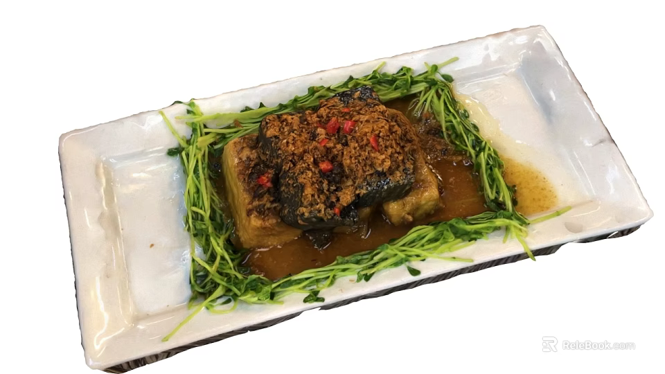 Braised Tofu With Red Chili Flakes And Fresh Green Garnish On White Rectangular Plate 3d model 