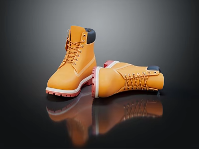 Yellow Boots With Red Soles And Laces On Dark Background With Reflections 3d model
