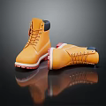 Yellow Boots With Red Soles And Laces On Dark Background With Reflections