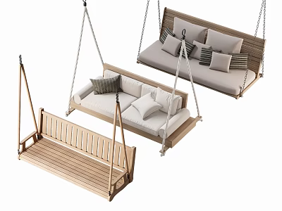 Outdoor Swing Chairs with Wooden Frame Cushioned Seats Pillows and Different Styles 3d model