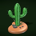 Cartoon Style Green Cactus With Thorns On Brown Base Surrounded By Small Stones And Leaves