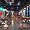 Chinese Style Restaurant Interior With Decorative Signs Wooden Tables And Hanging Lights