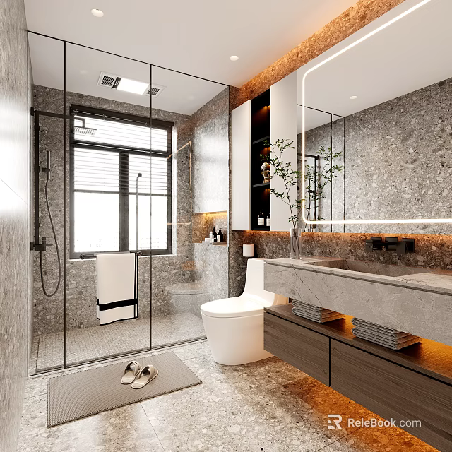 Modern Bathroom Interior With Glass Shower Large Mirror And Plants 3d model