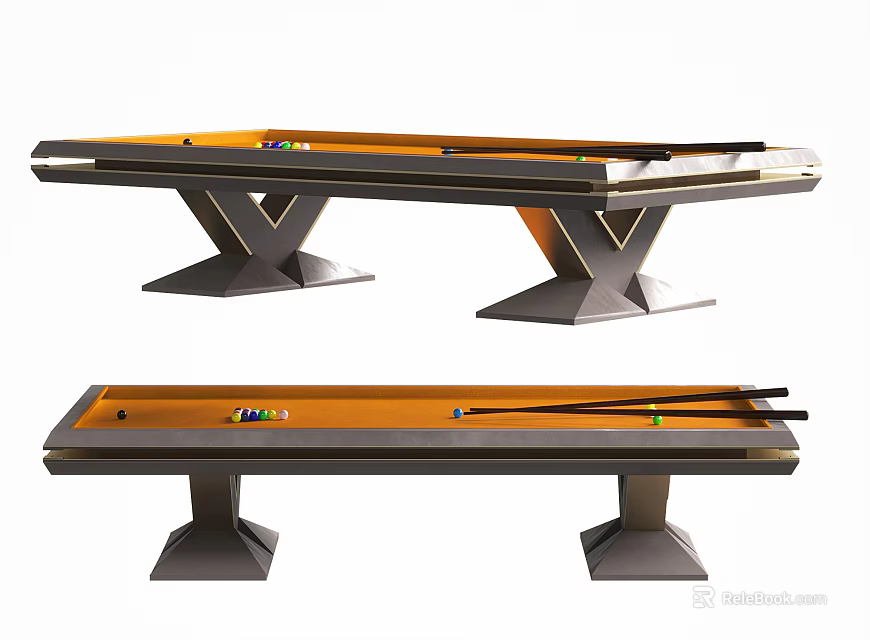 Billiard Tables with V Shaped Legs Orange Felt Surface and Included Billiard Balls Cues 3d model 