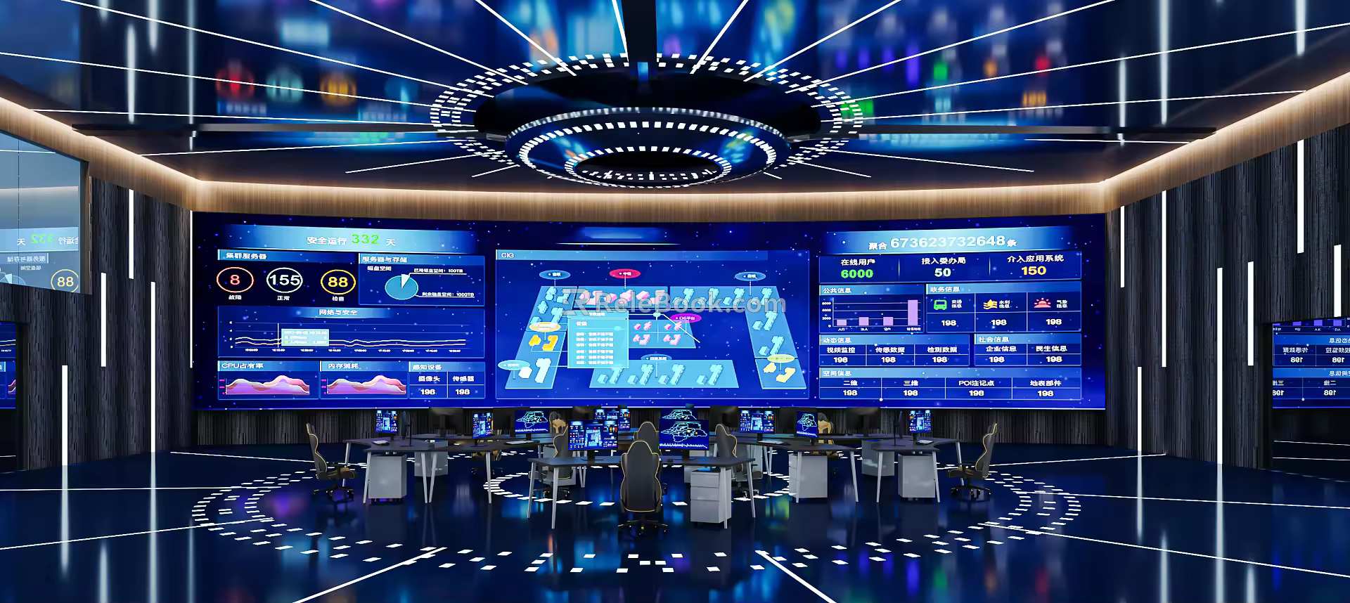 Modern monitoring room Command control room Dispatching command center Monitoring hall Command hall Office desks and chairs 3d model