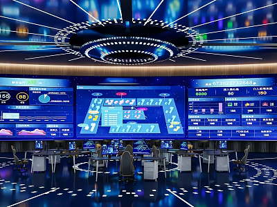 Modern High Tech Monitoring Room With Multiple Digital Screens Data Visualization And Control Consoles 3d model
