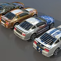 Row of Custom Modified Sports Cars With Various Colors And Flame Designs