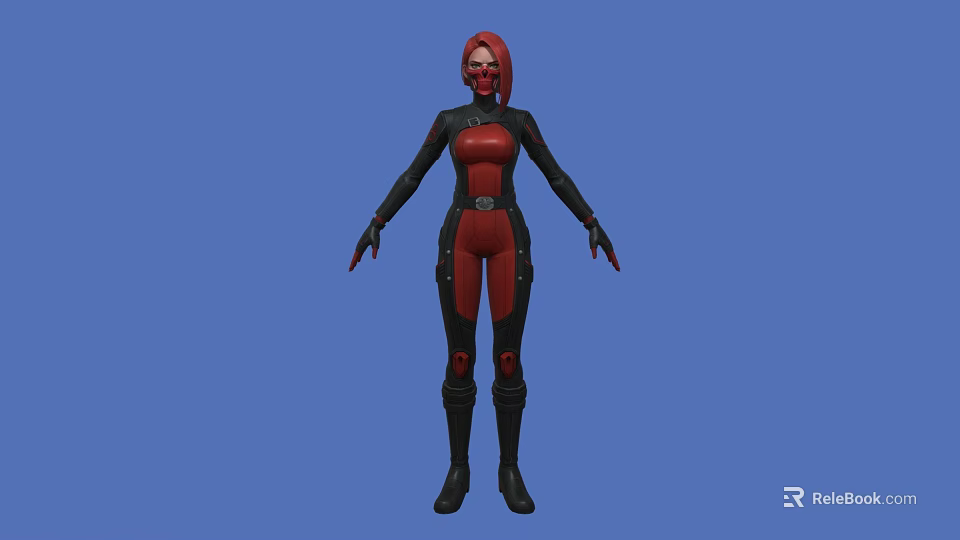Woman in Red and Black Bodysuit With Red Hair and Mask Against Blue Background 3d model 