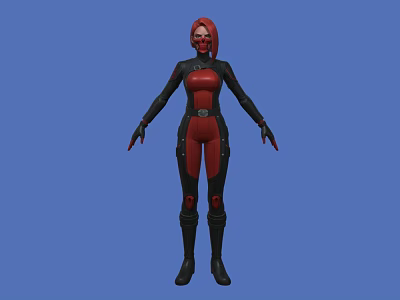 Woman in Red and Black Bodysuit With Red Hair and Mask Against Blue Background 3d model