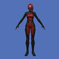 Woman in Red and Black Bodysuit With Red Hair and Mask Against Blue Background