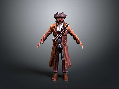 Man In Historical Pirate Attire Wearing Brown Coat And Bullet Belt 3d model