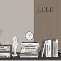 Decorative Ornament Set with Stacked Books Clock Statue Diffuser and Glasses on Wooden Panel