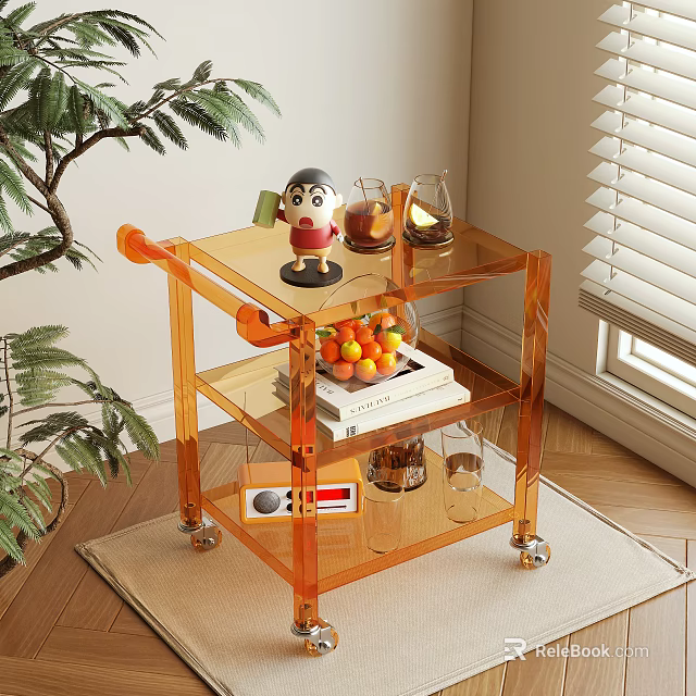 Orange Transparent Rolling Side Cart With Multi tiered Shelves Fruits Figurine And Books 3d model 