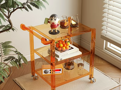 Orange Transparent Rolling Side Cart With Multi tiered Shelves Fruits Figurine And Books 3d model