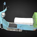 Light Blue Classic Scooter With Green Box On Rear Seat And White Wheels